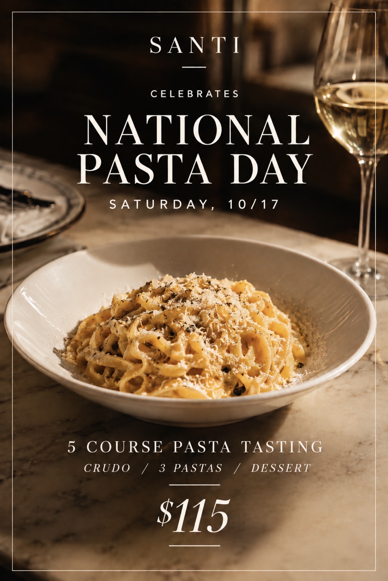 a plate of pasta and a glass of wine